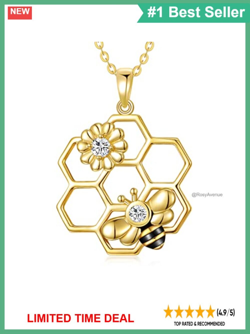 14k Yellow Gold Bee Pendant Necklace Honeycomb Lobster Clasp Gift for Women